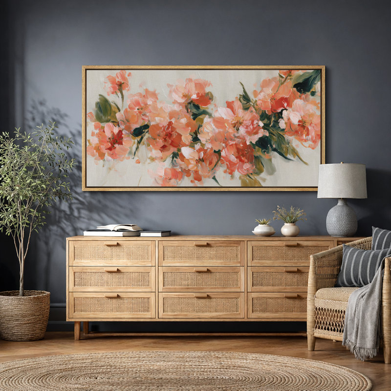 Œuvre botanique florale pêche douce, images de chambre à coucher, impression sur toile encadrée, H 30 po x l 60 po