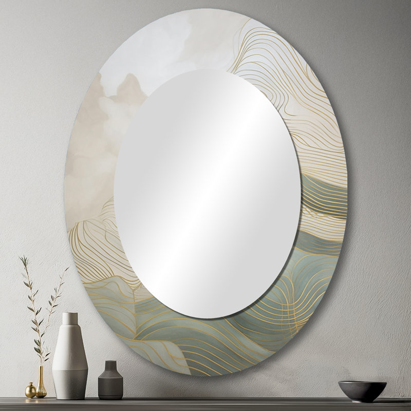 Gold And Grey Linear Expressions III - Abstract Oval Decorative Mirror On Metal, 43" x 33"