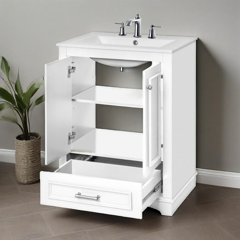 24'' Modern Bathroom Vanity With Ceramic Sink,soft Closing Doors, White