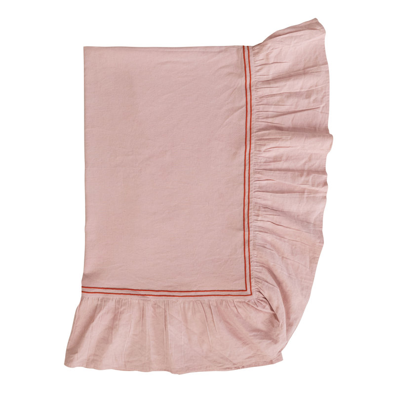 Nappe en coton et lin avec bordure brodée et bordure à volants, Rose