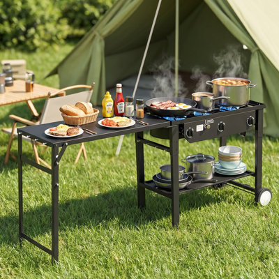 Poêle au propane à 3 brûleurs avec table d'appoint pliante et roues
