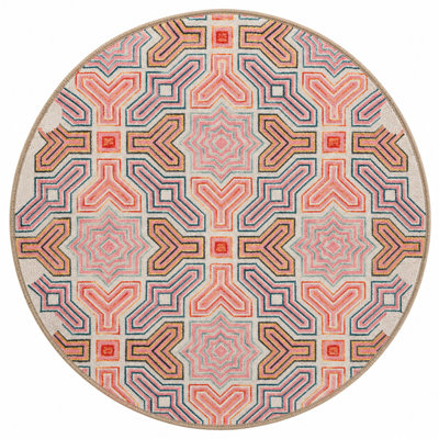 Geometric Patterned Pink Color Woven Base Washable Carpet