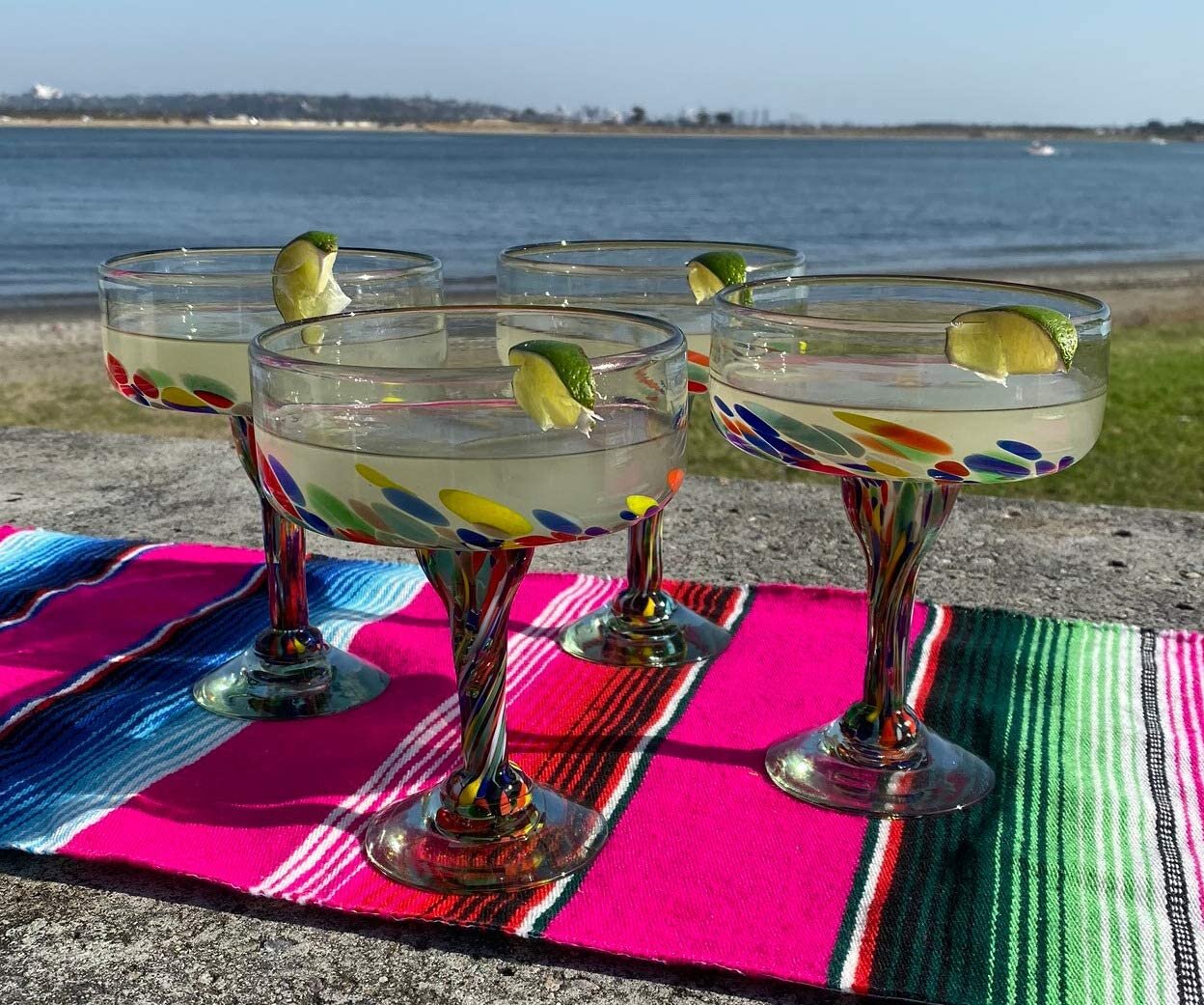 Set of 6 Hand-blown Mexican Margarita Glasses Blue Swirl 12 Oz 