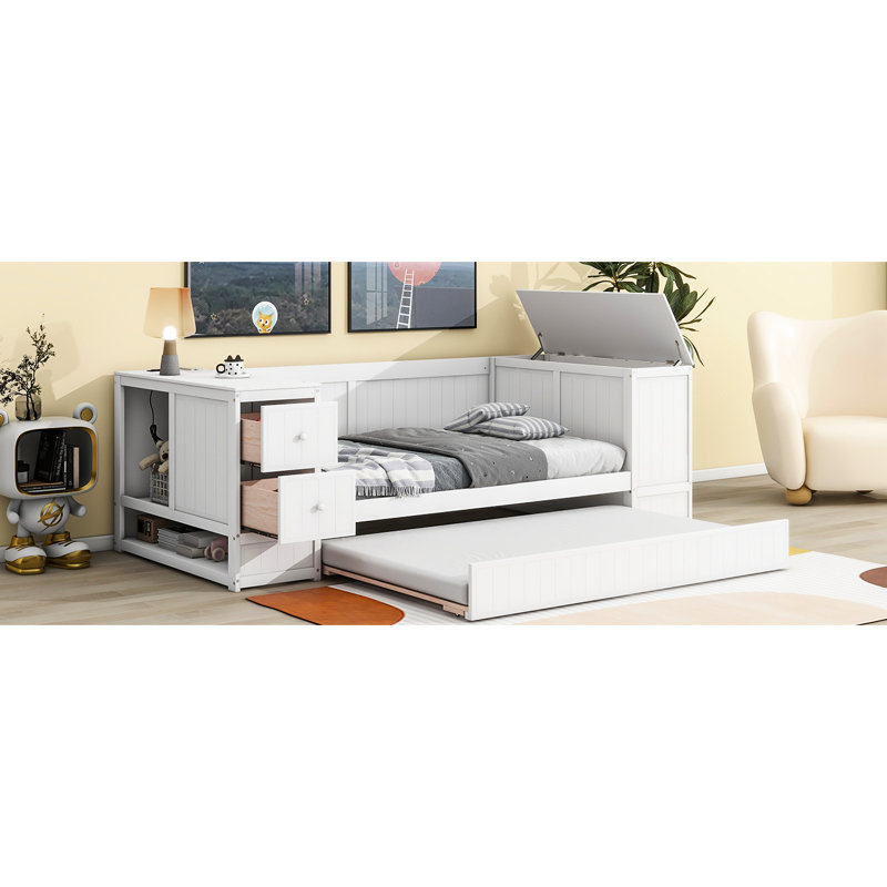 Twin Size Daybed With Storage Areas, Trundle & Electrical Charging Ports - White In Storage, Power Wood Frame, White