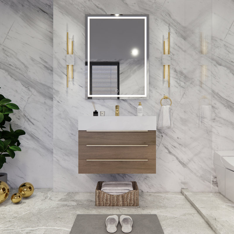 Ensemble de meuble-lavabo mural simple 29,5 po Glasgow, Blanc lustré, Chêne clair