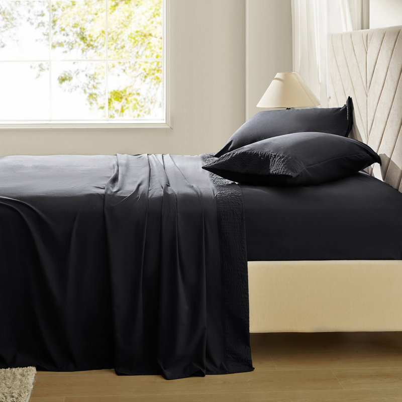 Draps et taies d'oreiller en polyester, Noir, Ensemble de draps pour lit double avec 2 taies d'o