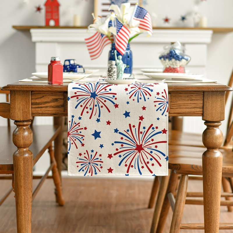 Beige Fireworks Patriotic 4th Of July Table Runner – 210 Gsm Memorial Day Kitchen Dining Table Decoration For Home Party Decor 13x72 Inch
