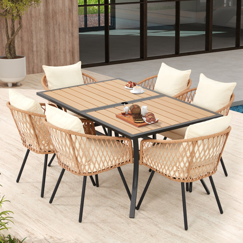 7-Piece Outdoor Dining Set With 6 Rattan Chairs, All-Weather Patio Table & Chairs For Backyard, Garden, Poolside, Beige