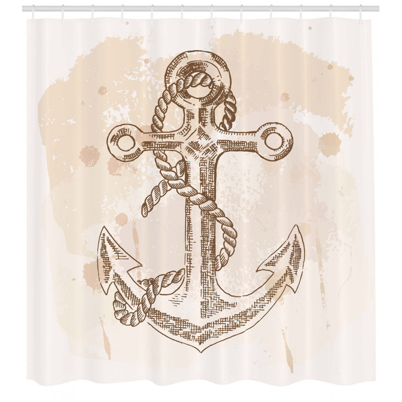 Nautical Anchor Cream and Brown Fabric Shower Curtain with Hooks