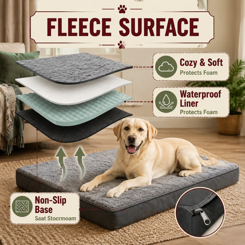 Lit de chien en mousse alvéolée kaki de 91 x 66 cm avec doublure intérieure imperméable, housse amovible et conception facile à nettoyer.