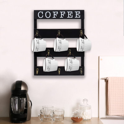 Solid Wood Coffee Mug Holder Wall Mounted, Rustic Cup Rack With 8 Hooks