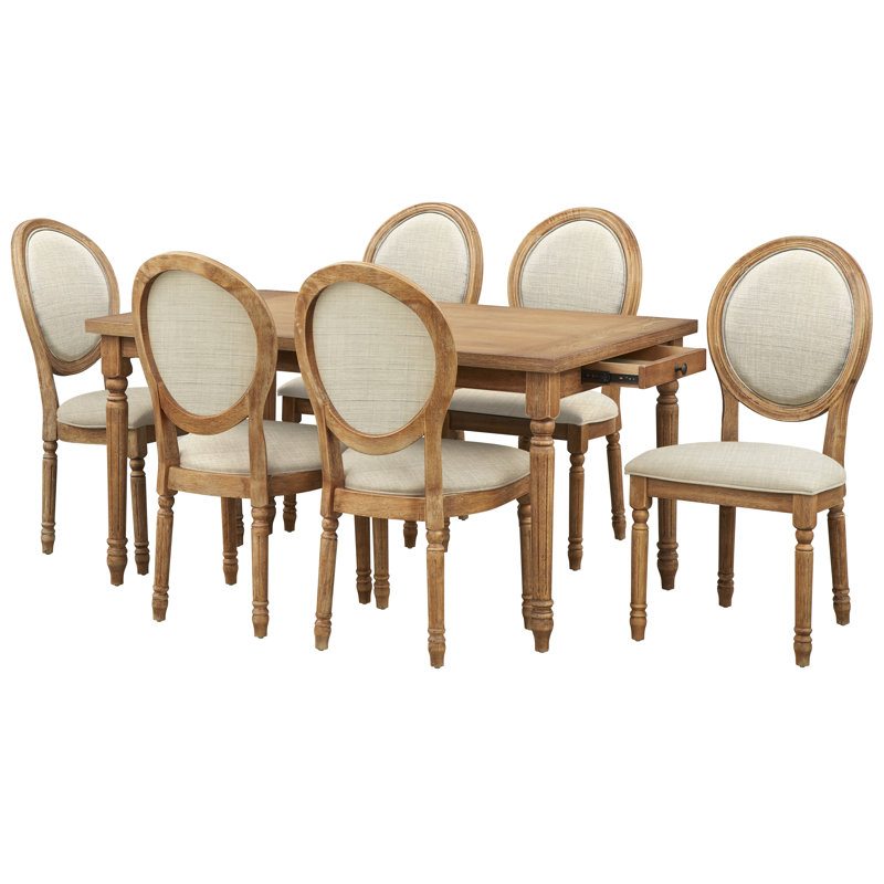 Hungerford Four Leg Dining Set, 7 Pieces: Table, 6 Chairs, Brown/Beige/Brown