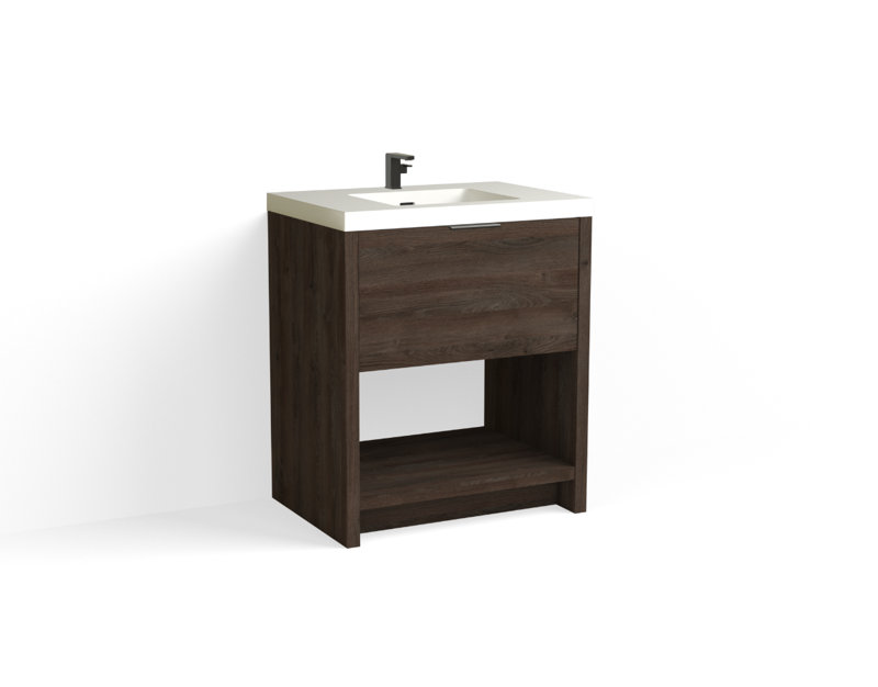 Vista 30" W Freestanding Single Bathroom Vanity, Nocino/Satin Brass, Single-Hole, White Matte
