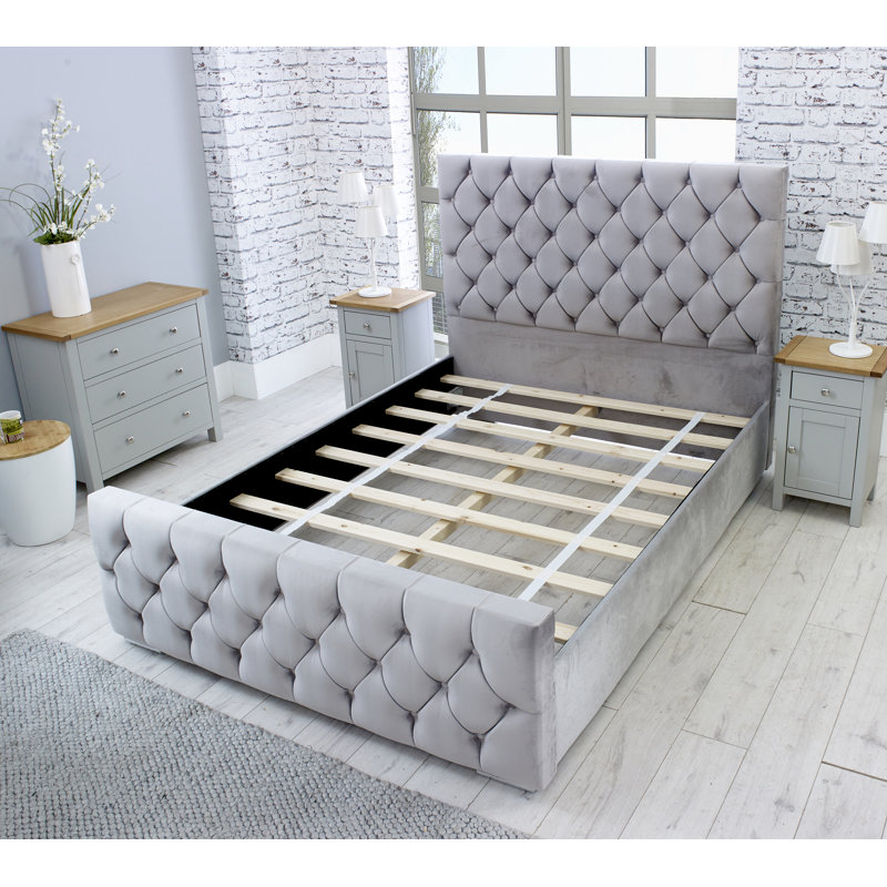 Katara Upholstered Velvet Sleigh Bed, Double (4'6), Silver