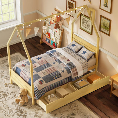 Cadre de lit simple pour enfants, lit Montessori avec 2 tiroirs de rangement, lit simple en bois avec tête de lit, aucun sommier requis, assemblage facile, naturel