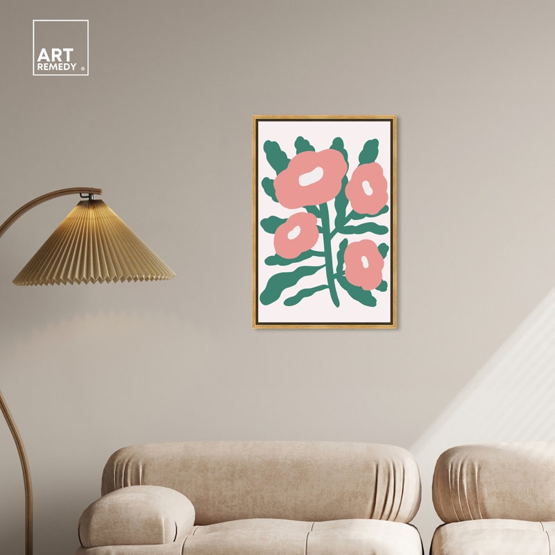 Theres Blush Flowers Pink and Green Canvas Print with Gold Frame