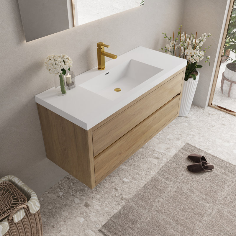 Meuble-lavabo mural avec comptoir en résine de pierre, bois d'ingénierie, style moderne pour les salles de bain contemporaines