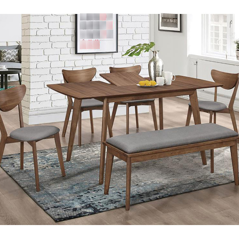 Banc de salle à manger gris avec détails en noyer naturel, structure rembourrée de style Mid-Century, moderniste