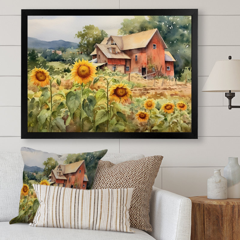 Tournesol doré à la ferme III - art mural floral, H 34 po x l 44 po x P 1,5 po, Cadre photo noir