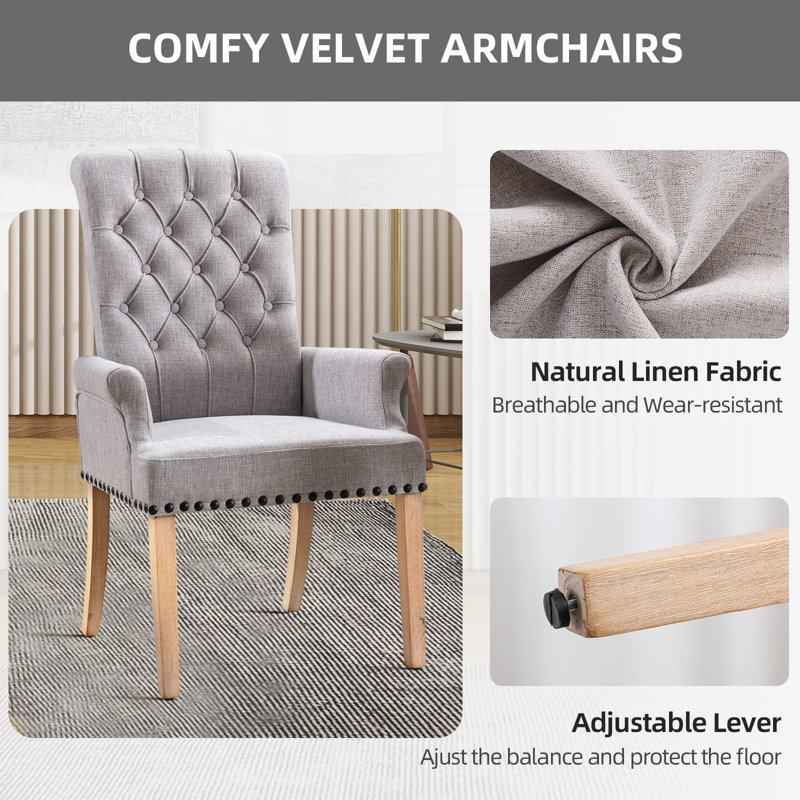 Classic High-Back Dining Chair With Button-Tufted Upholstery & Nail Head Accents, Smoke Gray Linen