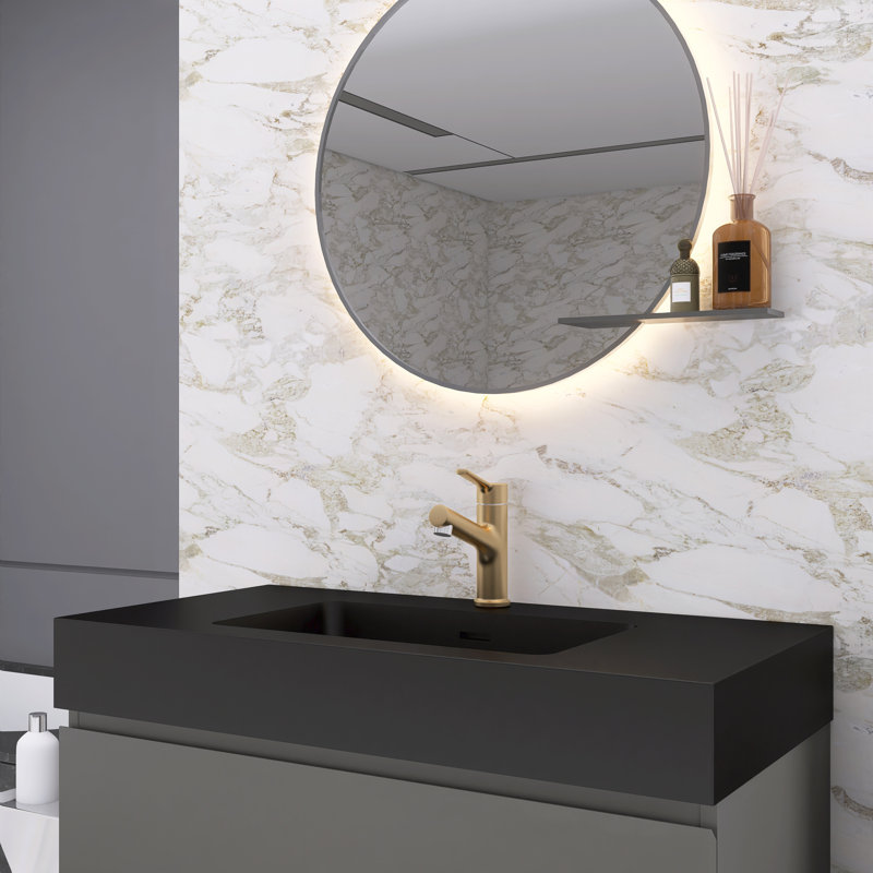Nihat 36'' Single Bathroom Vanity with Solid Surface Top, Matte Black, Gray