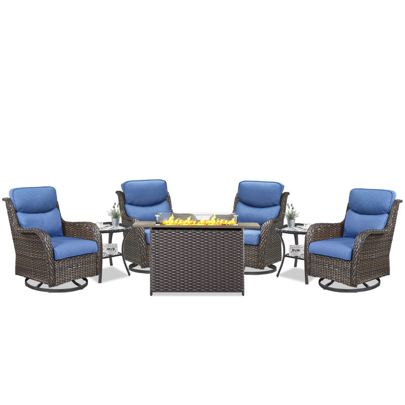 Simle 7-Piece Outdoor Seating Group PE Wicker Swivel Glider Chair With Cushions And Side Table, Blue, Brown