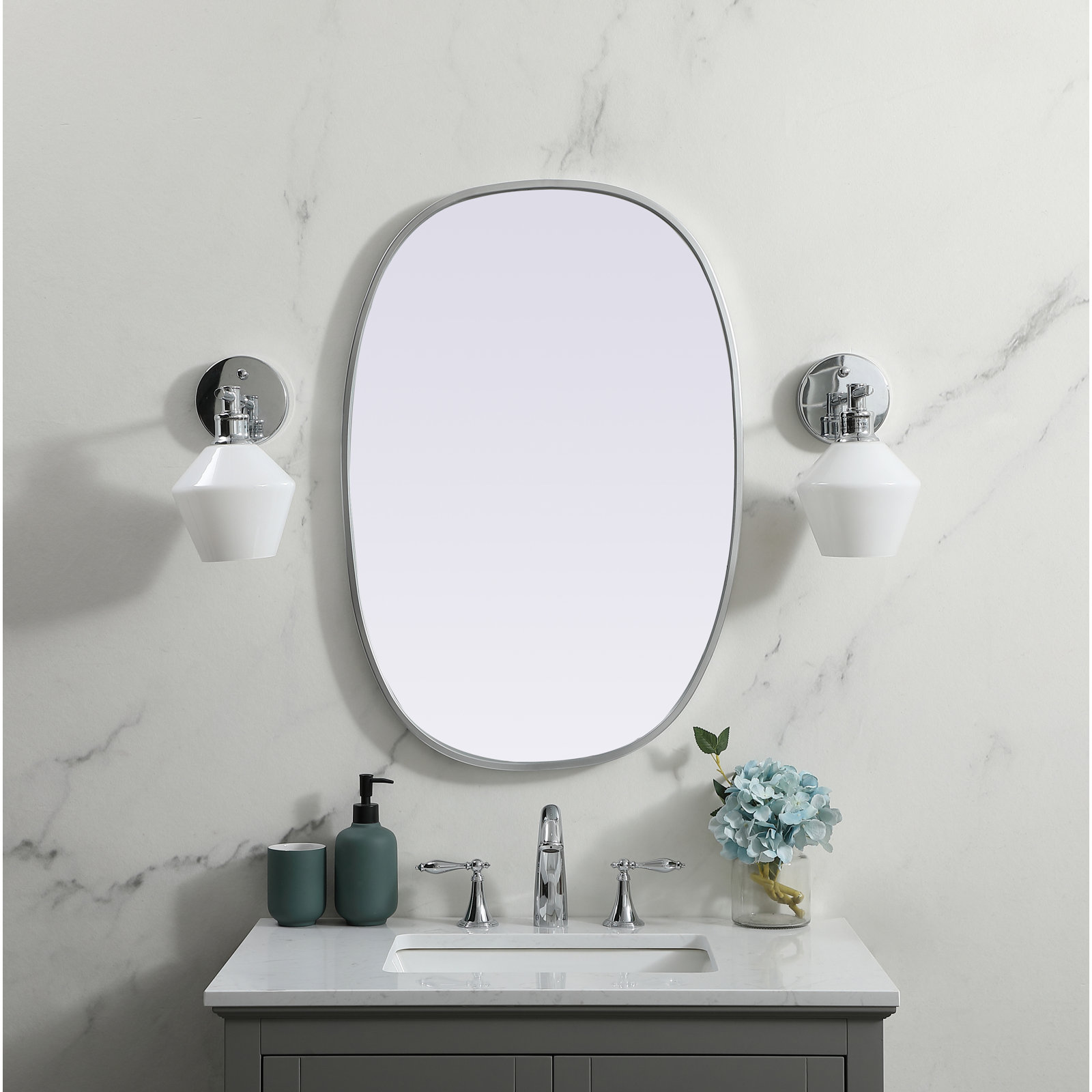 Sabine Metal Curved Oval Wall Mirror, 30" x 20", Silver