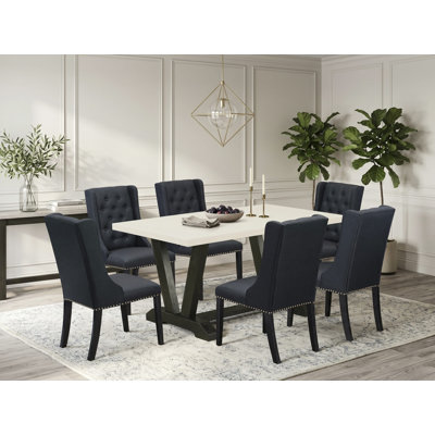 Ensemble de table de cuisine 7 pièces - 6 chaises de salle à manger en tissu de lin noir capitonné avec têtes de clous et table de salle à manger en lin blanc (blanc cassé) - finition noire brossée