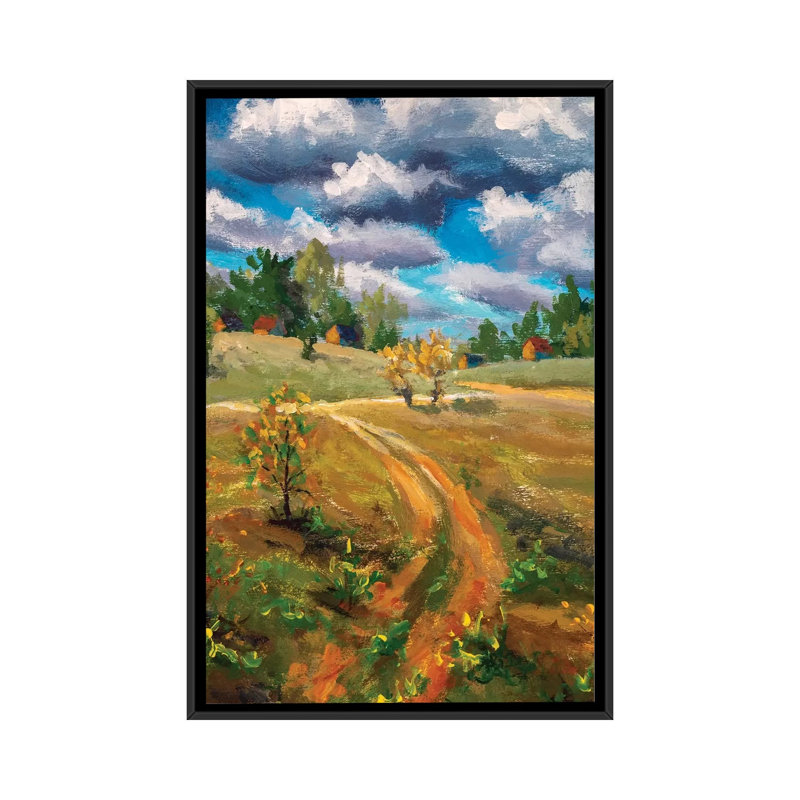 Spring Village Rural Farm Landscape by Valery Rybakow - Painting on Canvas, Black Floater Frame, 66.04 cm H x 45.72 cm W