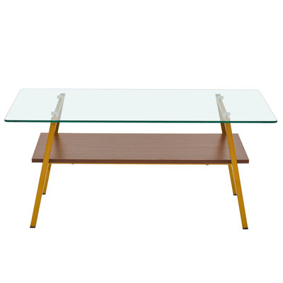 Rectangle Coffee Table, Tempered Glass Tabletop With Gold Metal Legs, Modern Table For Living Room , Transparent Glass