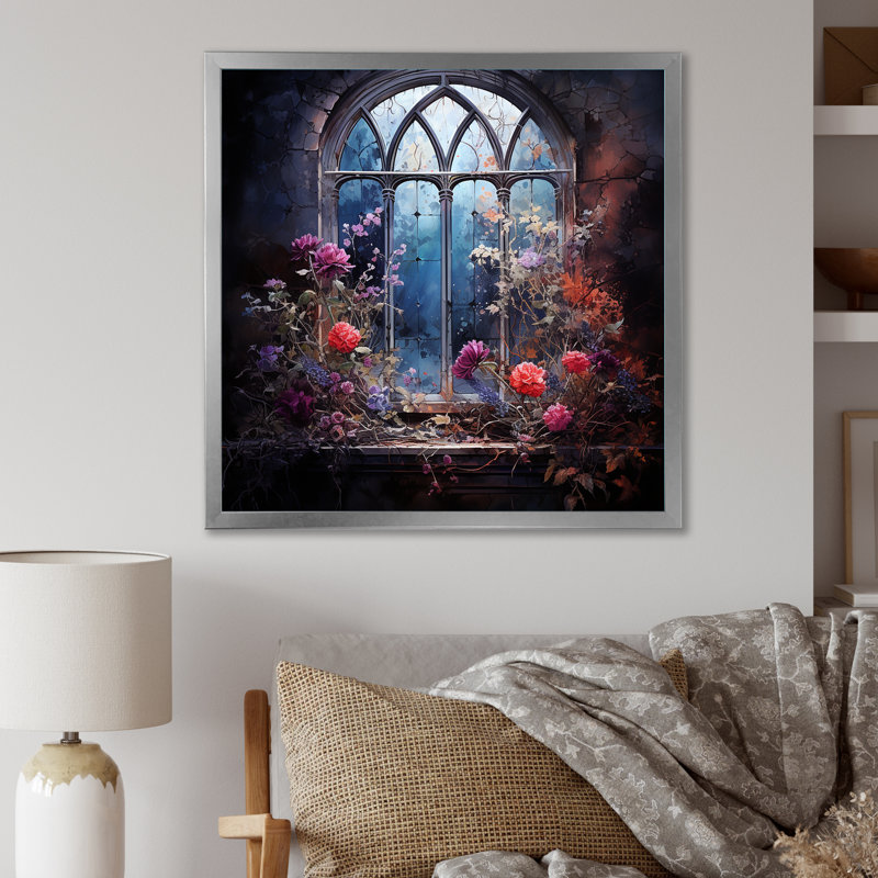 Floral, gothique d'églises, vue de fenêtre III - art mural floral, Cadre simple argenté, H 36 po x l 36 po x P 1,5 po