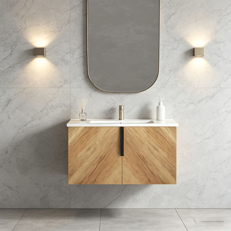 Meuble-lavabo mural 30 po avec panneau cannelé 3D et lavabo intégré en céramique