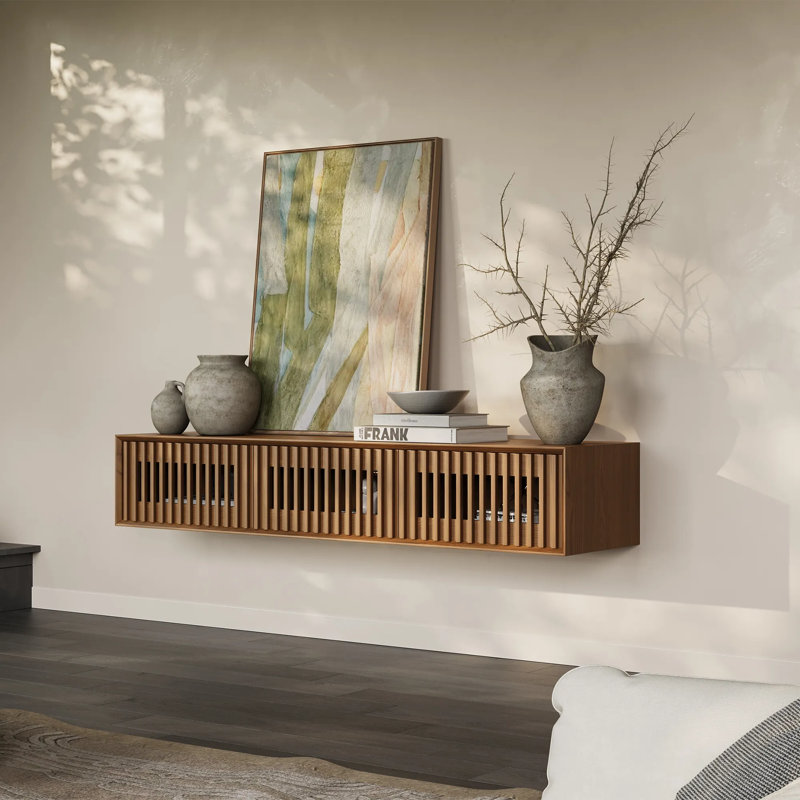 Meuble télé moderne flottant, entièrement assemblé, Brun, H 11,02 po x l 62,99 po x P 15,75 po