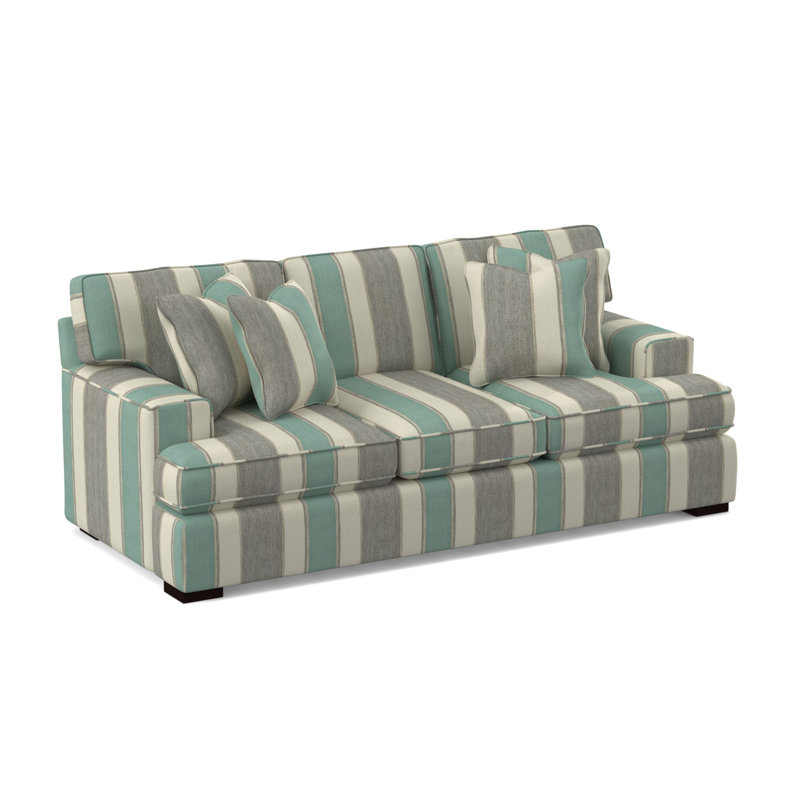 Bridgetown 97'' Recessed Arm Sofa with Reversible Cushions, Java Finish, Green and Blue Stripe; 0252-54