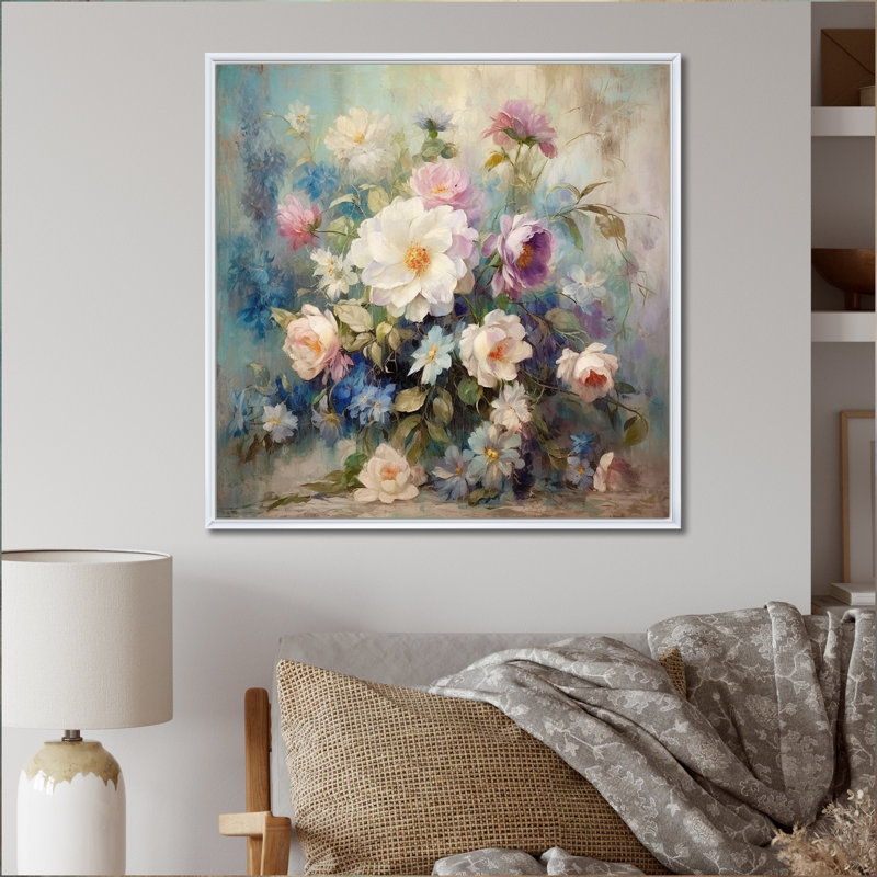 «Retro Collage Blossoming Wildflowers» sur impression sur toile, Cadre flottant blanc, 16" H x 16" W
