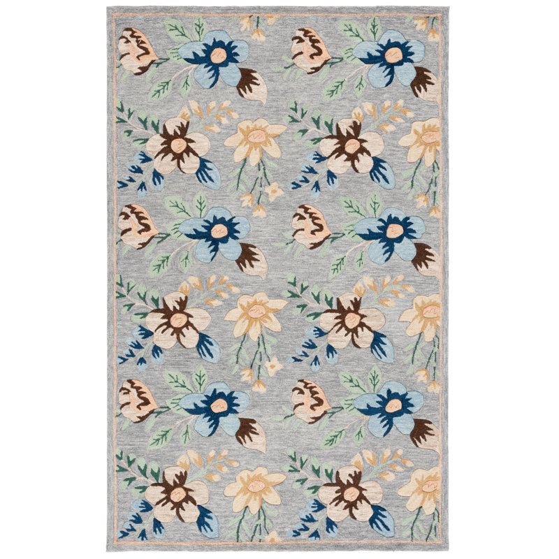 Tapis floral gris / bleu en laine / coton touffeté à la main Abbrielle, Rectangle 5 pi x 8 pi