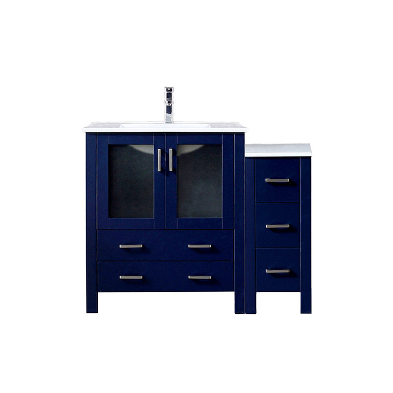 White Single Bath Vanity 42 In. W X 18.25 In. D, With Side Cabinet, White Ceramic Top, And Faucet Set, Blanc