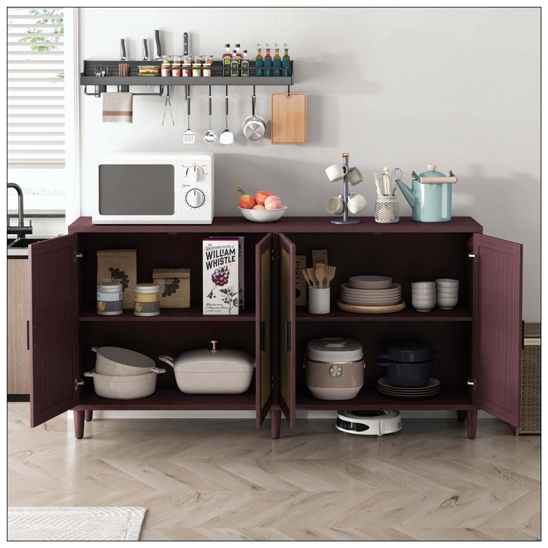 Buffet en rotin avec rangement, buffet à 4 portes avec tablettes réglables pour la cuisine, le salon et la salle à manger, assemblage facile