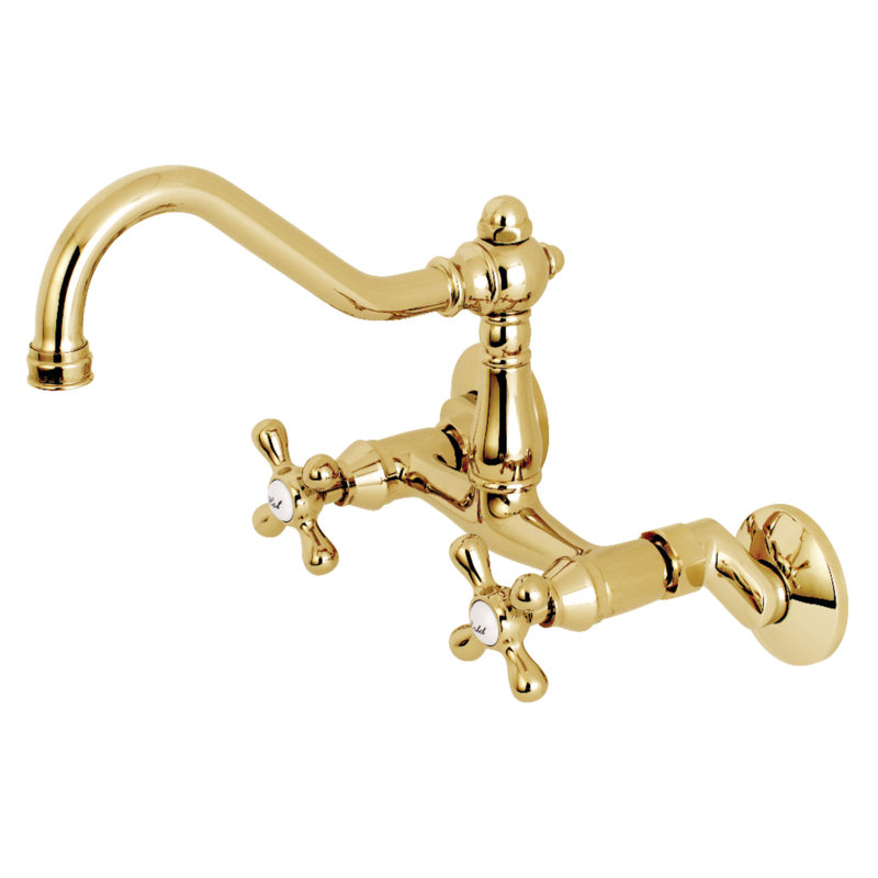 Kingston Brass Vintage Double-Handle 2-Hole Wall-Mount Bridge Kitchen Faucet, Polished Brass