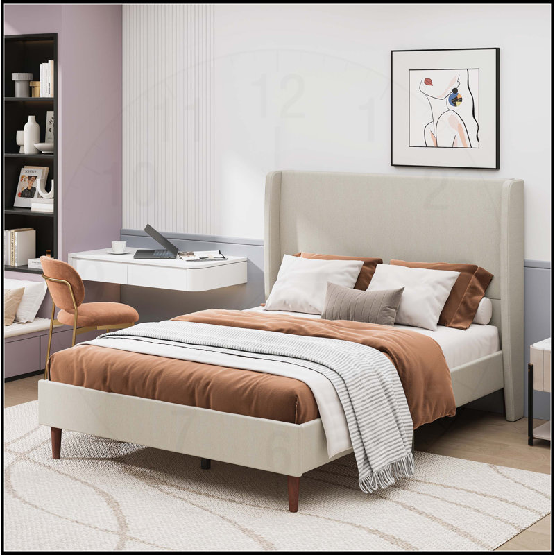 Luxueuse base de lit rembourrée avec fonction d'assemblage avancée et support robuste, Beige, Grand