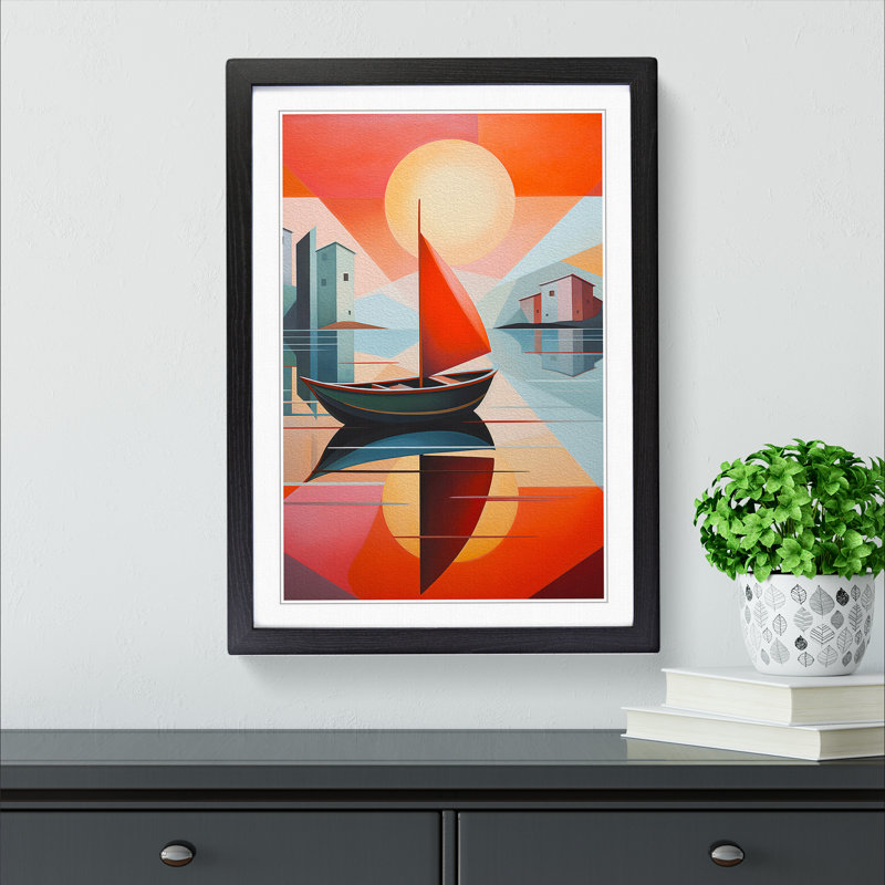 Boat on a Lake Constructivism - Framed Print, 34cm H x 25cm W x 2cm D, Black Framed