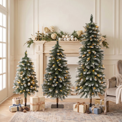 Ensemble 3 pièces arbre de Noël enneigé avec flocons de neige, 3 pi 4 pi et 5 pi, 250 lumières DEL blanc chaud, 500 extrémités de branches, base plate en métal