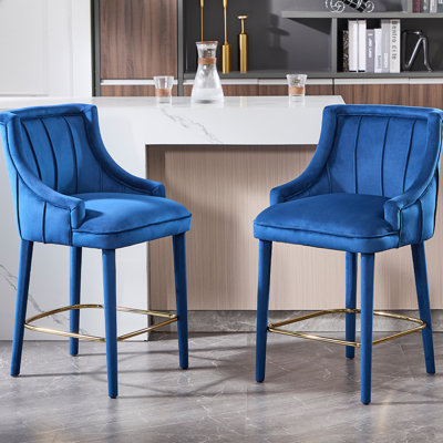 Vintage Style Upholstered Counter Stool With Velvet Backrest With Metal Footrest,With Solid Wood Wrapped Legs,Counter Height Bar Stool For Kitchen Isl by Everly Quinn