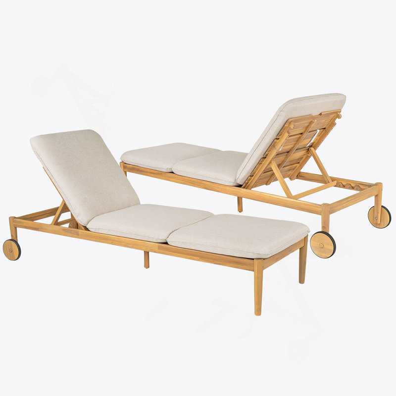 Chaise longue d'extérieur avec roulettes, structure en bois d'acacia (ensemble de 2)