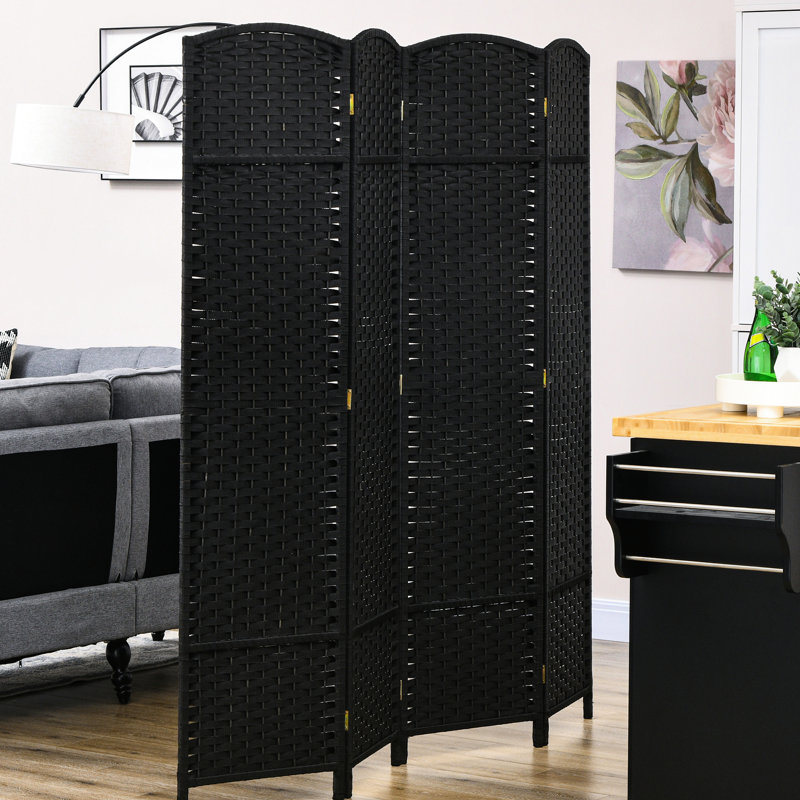 Paravent pliable 4 panneaux. Cloison de 5,6 pi pour la maison. Noir avec une touche tissée à la main et un plateau arqué enchanteur. Chambre polyvalente, bureau. Structure en bois, sangles en polypropylène. Léger,