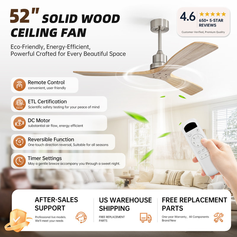 Nicola 52" 3-Blade Standard Ceiling Fan, Burlywood/Nickel