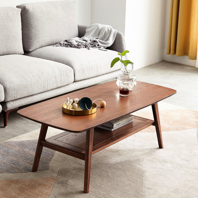 Table basse 100% bois de chêne - rectangulaire avec rangement, facile à assembler, bureau en noyer pour tablettes de salon, brun