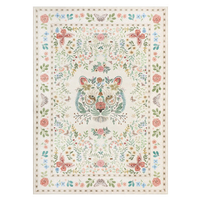 Tiger Print Machine Washable Rug Vintage Floral Soft Non-Slip Non-Shedding Low Pile Carpet for Living Room Bedroom Kitchen Dining Room