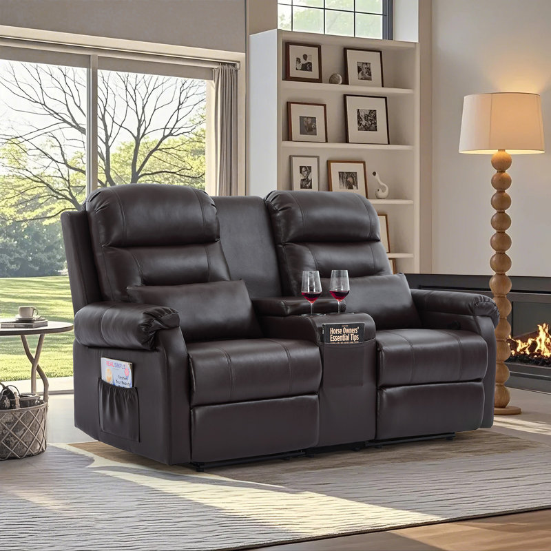 65.7" Modern Manual Reclining Loveseat With Storage Console And Cup Holders, Brown