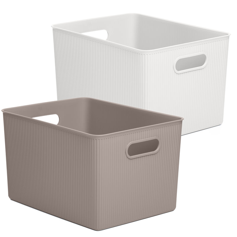 Panier en plastique nervuré, 1, Taupe / Blanc, H 9 po x l 11,5 po x P 15 po